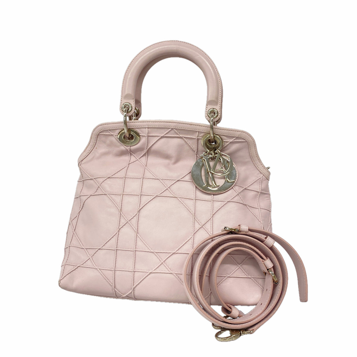 【6kb0847】クリスチャンディオール ハンドバッグ カナージュ レザー ピンク シルバー金具 2wayバッグ【中古】レディース