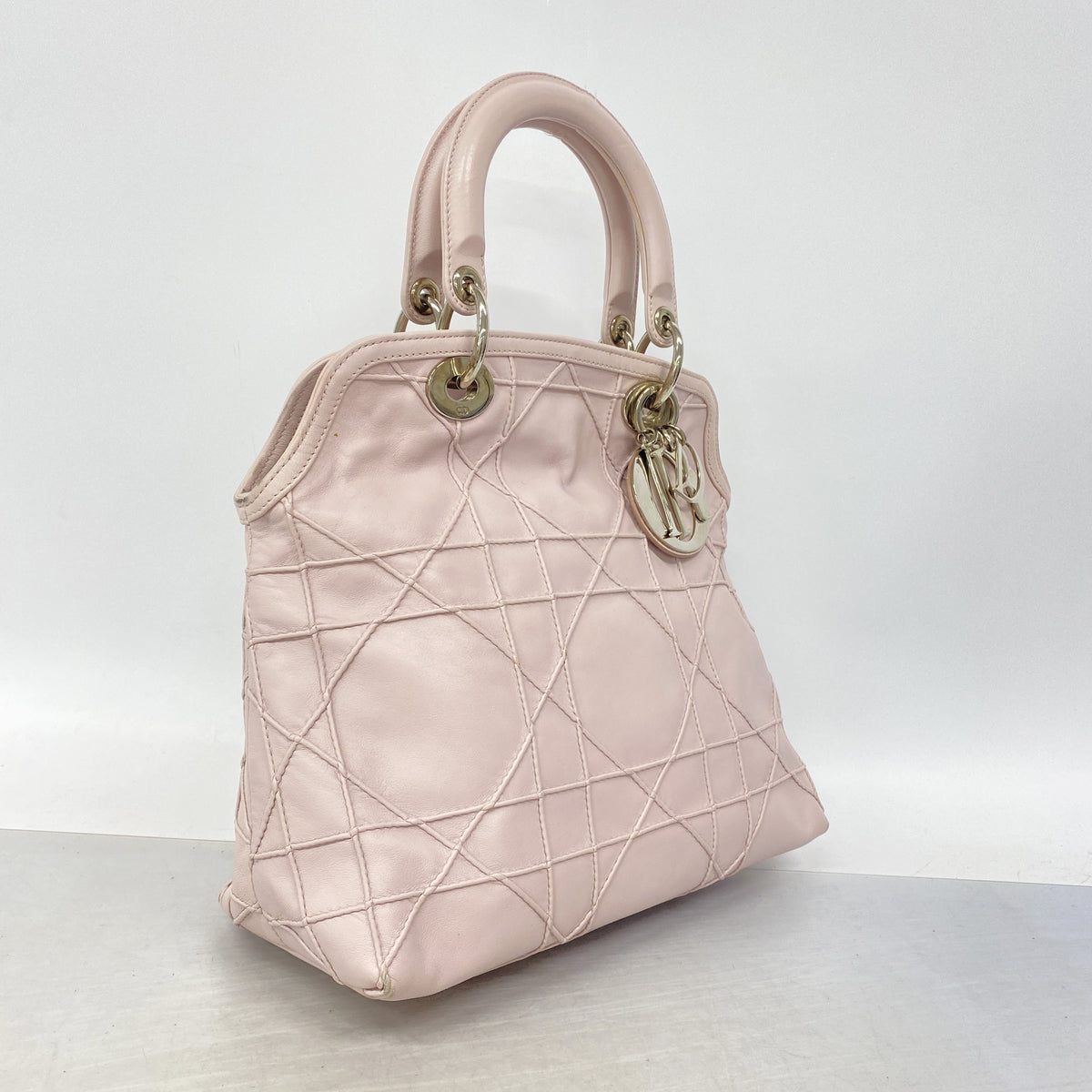 【6kb0847】クリスチャンディオール ハンドバッグ カナージュ レザー ピンク シルバー金具 2wayバッグ【中古】レディース