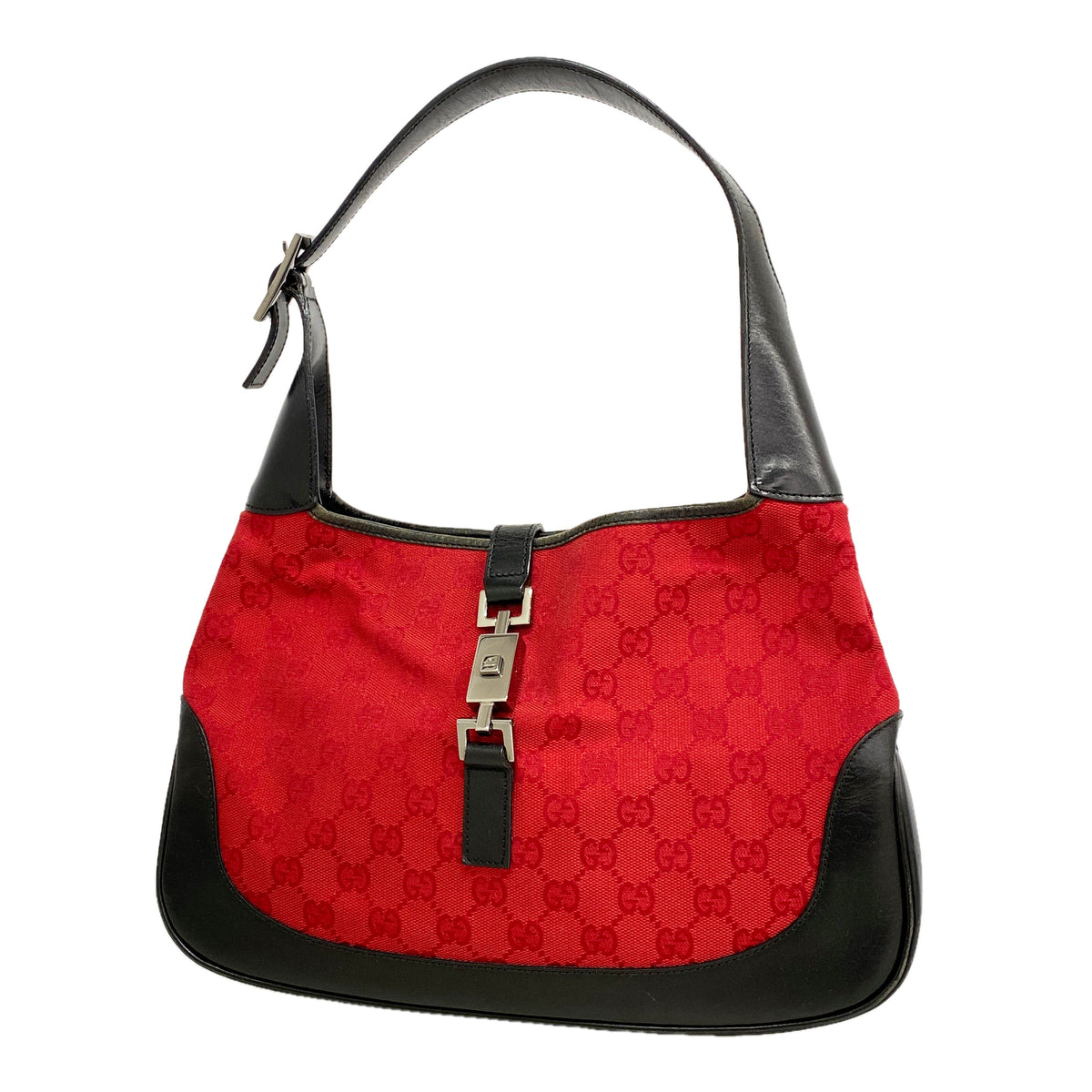 【6kb0876】グッチ ショルダーバッグ GGキャンバス/ジャッキー 001 3306 キャンバス レッド ブラック シルバー金具【中古】レディース