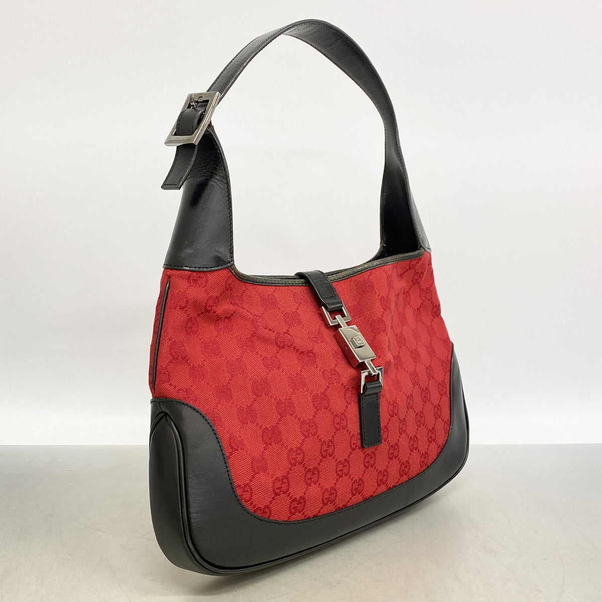 【6kb0876】グッチ ショルダーバッグ GGキャンバス/ジャッキー 001 3306 キャンバス レッド ブラック シルバー金具【中古】レディース