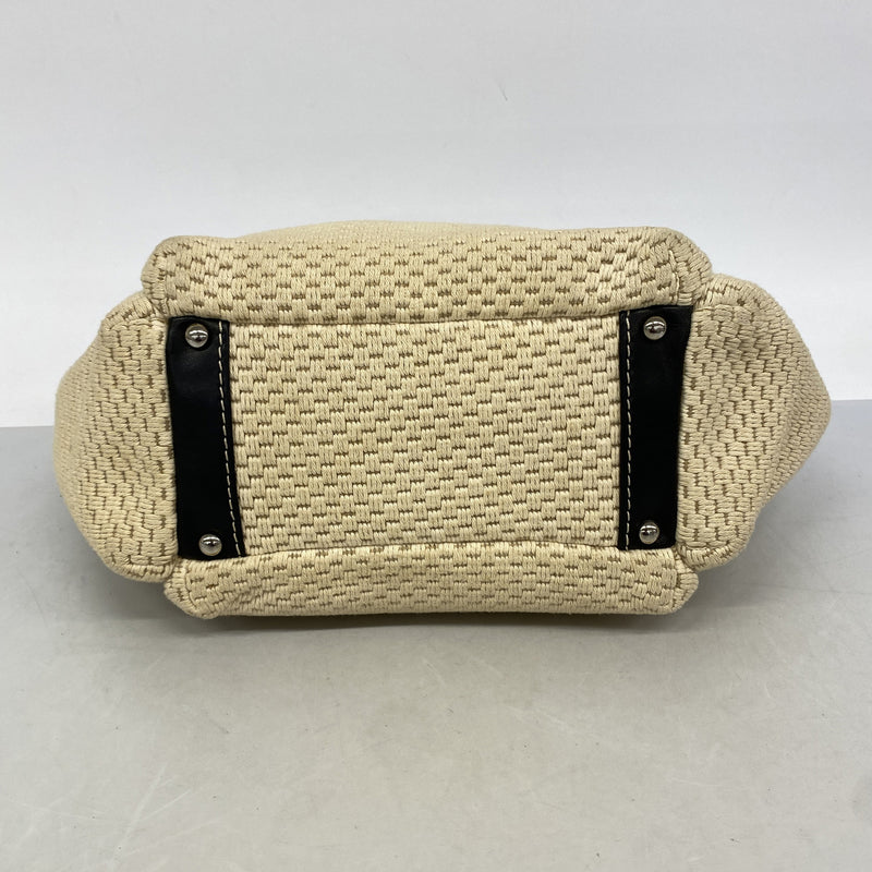 【6kb0916】シャネル ショルダーバッグ チェーンショルダー キャンバス ベージュ ブラック シルバー金具【中古】レディース