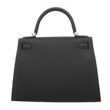 【6kb0972-e-g】エルメス ハンドバッグ ケリー28 ヴォーエプソン ブラック シルバー金具 G刻印 2wayバッグ【中古】レディース