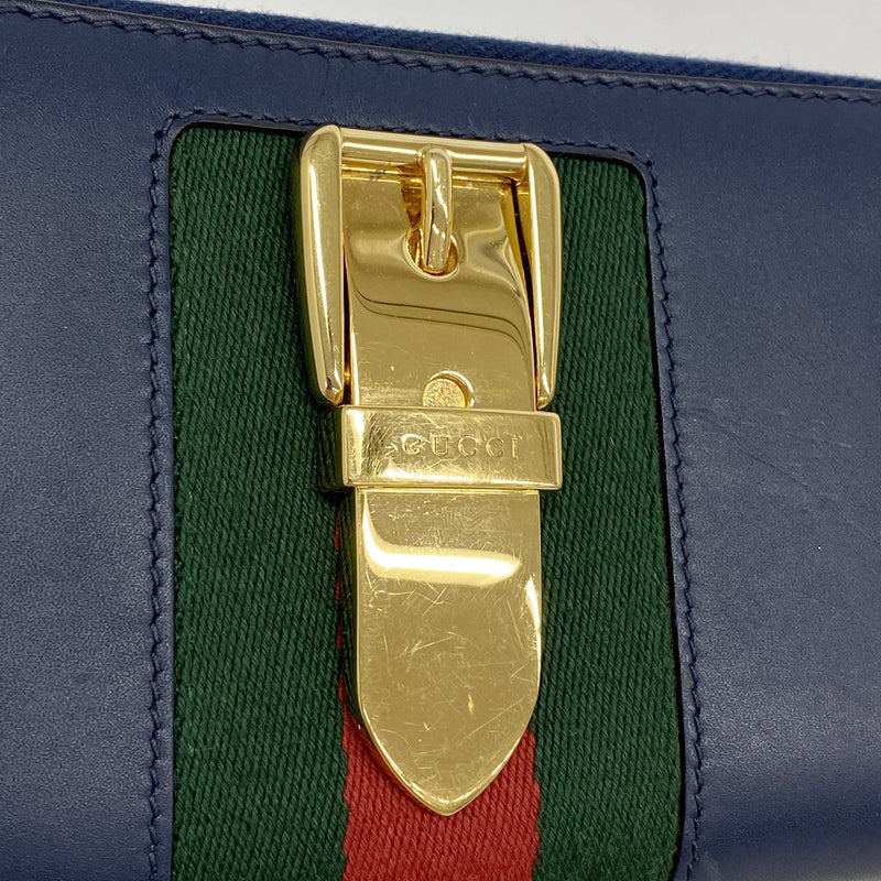【6kb1580】グッチ 長財布 476083 レザー ネイビー ゴールド金具【中古】レディース