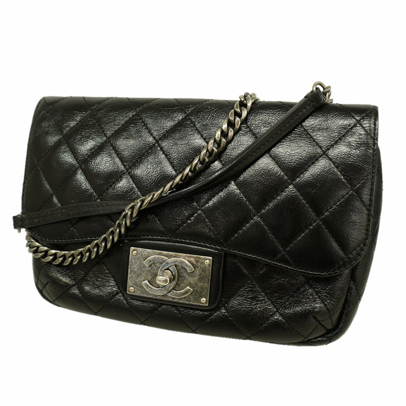 【6kb1595】シャネル ショルダーバッグ マトラッセ Wチェーン カーフスキン ブラック シルバー金具【中古】レディース