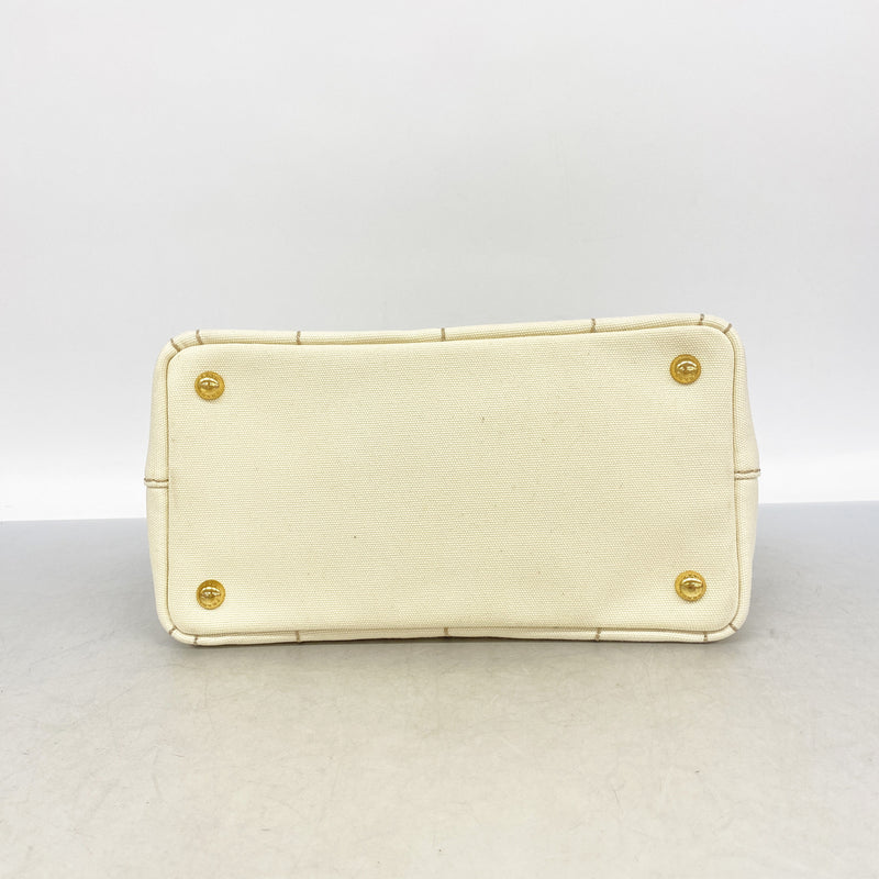 【6kb1733】プラダ トートバッグ カナパ キャンバス アイボリー ゴールド金具 2wayバッグ【中古】レディース