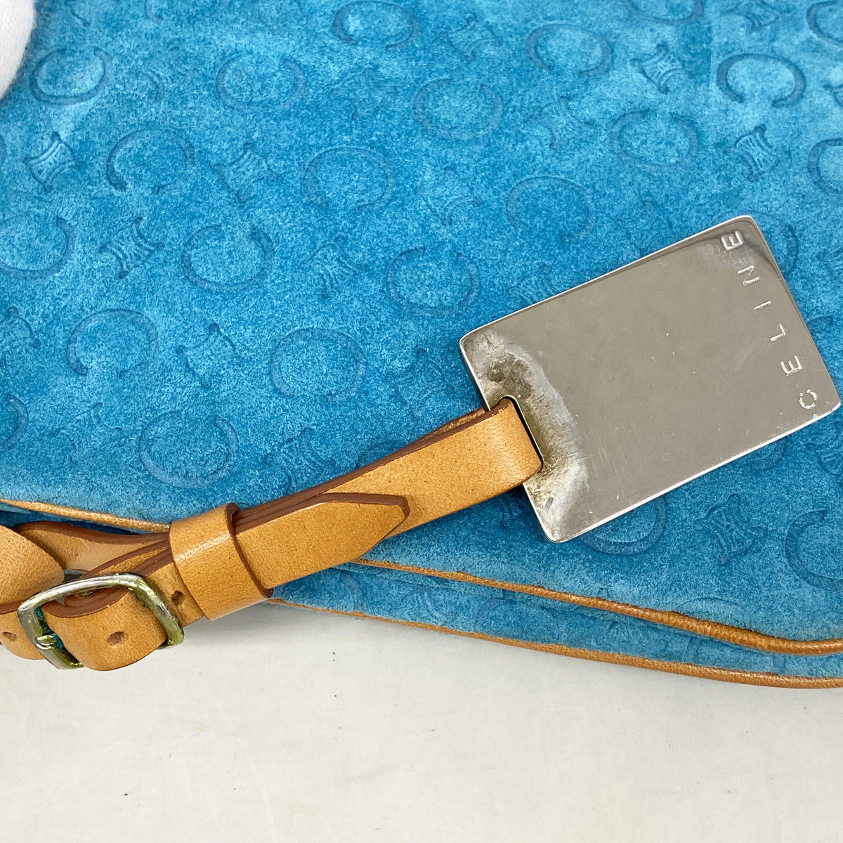 【6kb1738】セリーヌ ショルダーバッグ Cマカダム スウェード エメラルドグリーン シルバー金具【中古】レディース