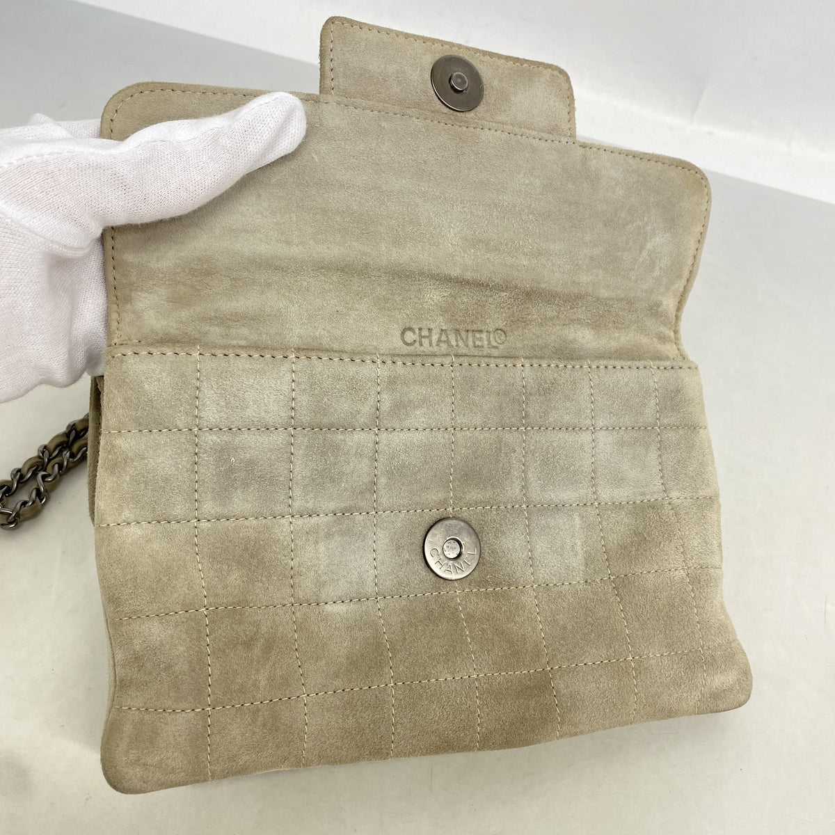 【6kc1990】シャネル ハンドバッグ チョコバー スウェード グレー シルバー金具【中古】レディース