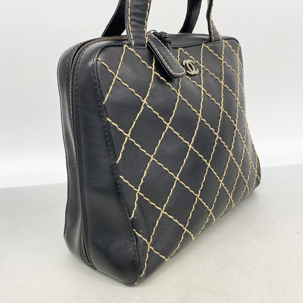 【6kc2019】シャネル ハンドバッグ ワイルドステッチ レザー ブラック ゴールド金具【中古】レディース