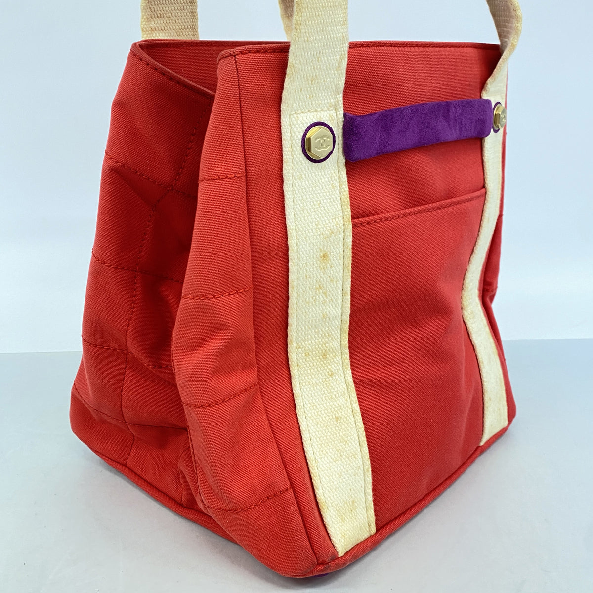 【6kc2350】シャネル トートバッグ チョコバー キャンバス レッド シャンパンゴールド金具【中古】レディース