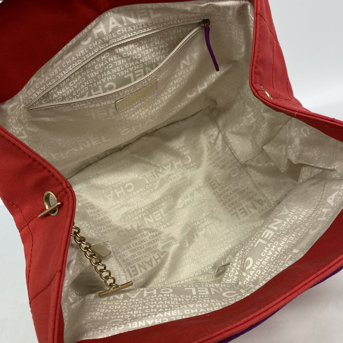 【6kc2350】シャネル トートバッグ チョコバー キャンバス レッド シャンパンゴールド金具【中古】レディース