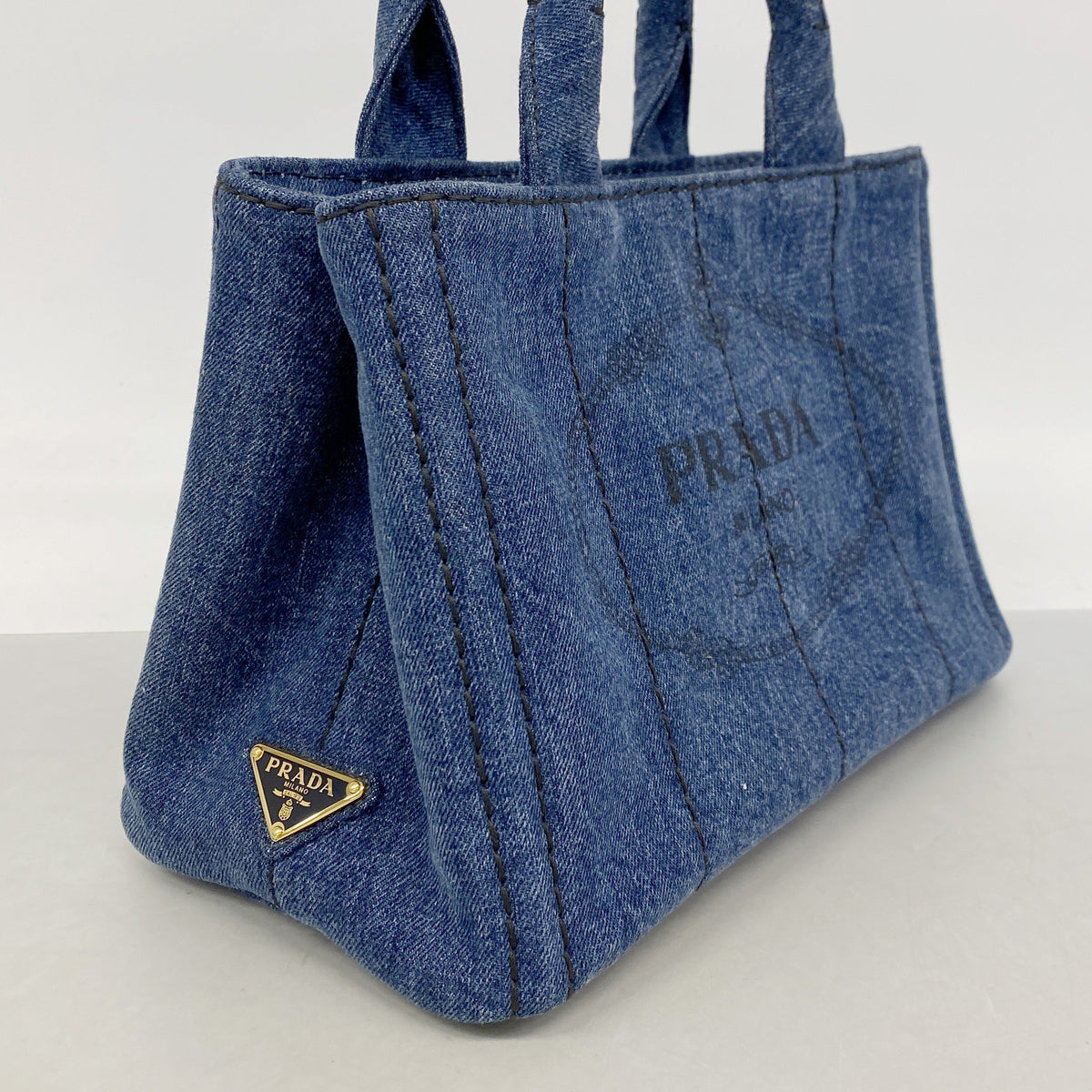 【6kc2430】プラダ トートバッグ カナパ デニム ネイビー ゴールド金具 2wayバッグ【中古】レディース