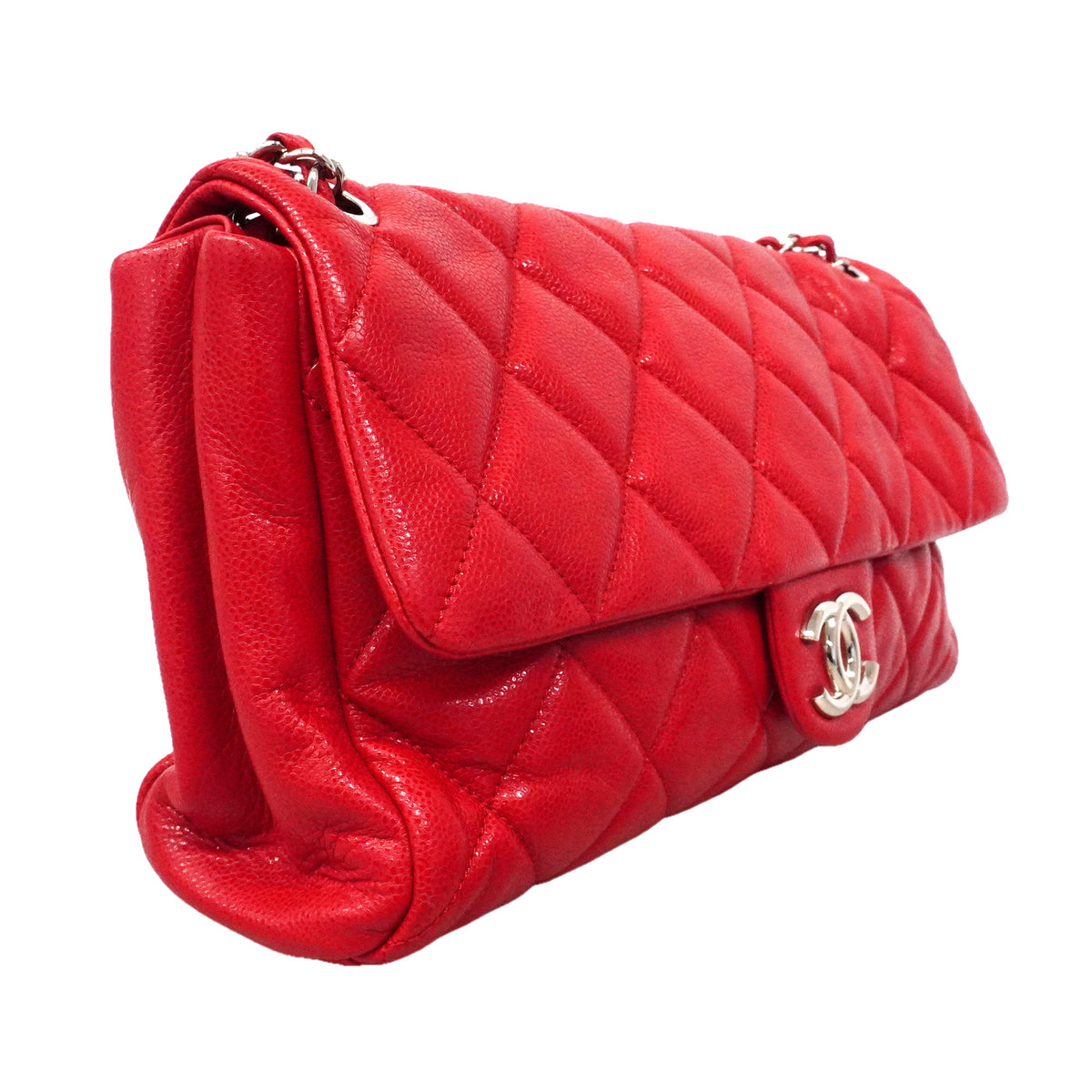 【6kc2465】シャネル ショルダーバッグ デカマトラッセ Wチェーン キャビアスキン レッド シルバー金具【中古】レディース