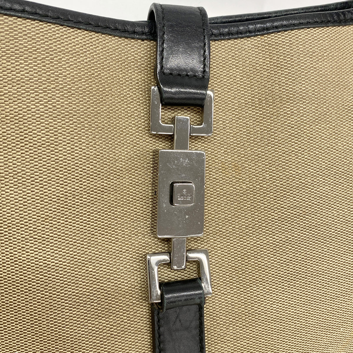 【6kc2540】グッチ ショルダーバッグ ジャッキー 001 3306 キャンバス ベージュ ブラック シルバー金具【中古】レディース