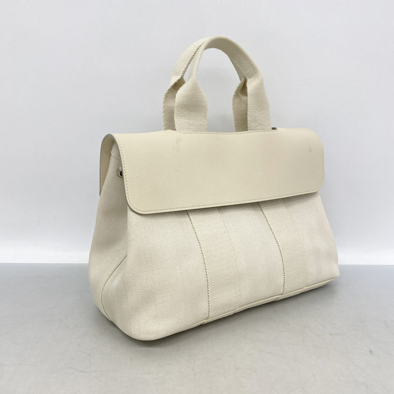 【6kc2572】エルメス トートバッグ ヴァルパライソPM トワルシェブロン ホワイト シルバー金具 □L刻印【中古】レディース