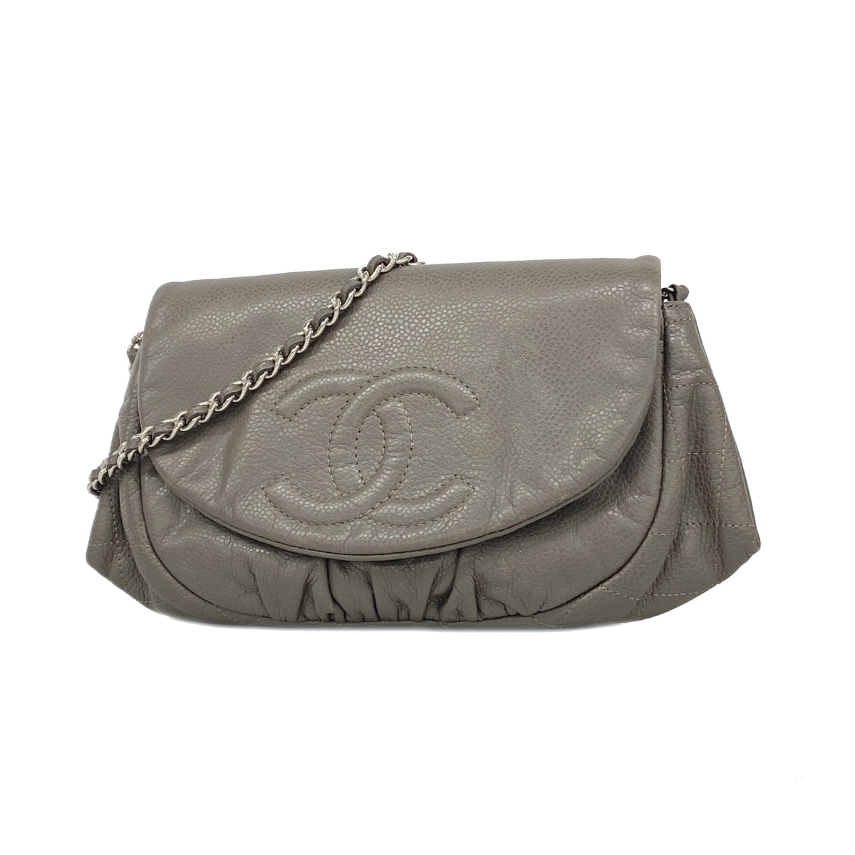 【6kc2874】シャネル ショルダーウォレット チェーンショルダー キャビアスキン グレージュ シルバー金具【中古】レディース