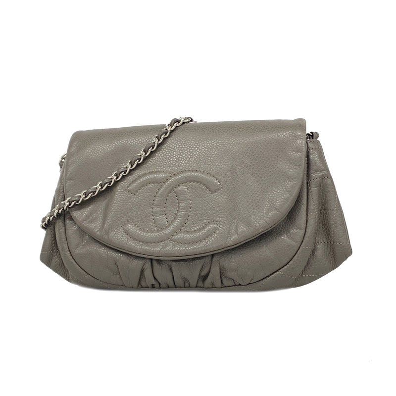【6kc2874】シャネル ショルダーウォレット チェーンショルダー キャビアスキン グレージュ シルバー金具【中古】レディース
