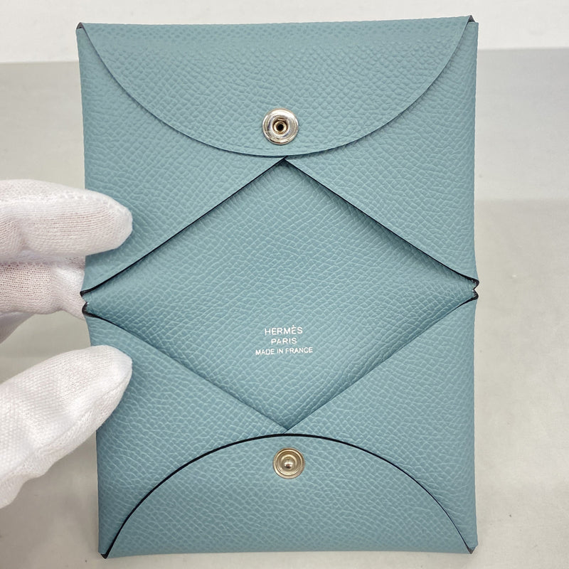 【6kc2907】エルメス カードケース カルヴィ ヴォーエプソン シエル シルバー金具 G刻印【中古】メンズ レディース ユニセックス