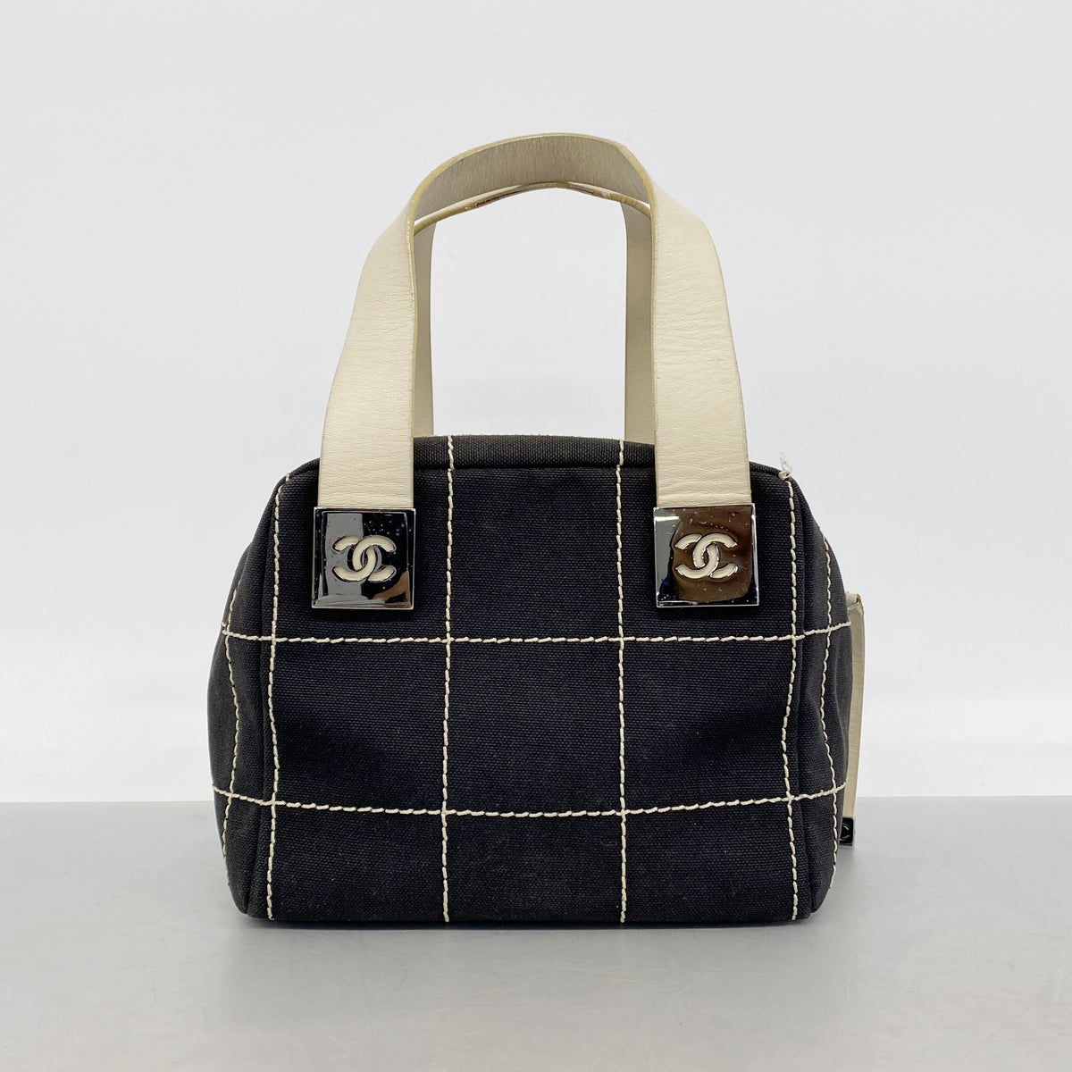 【6kc2916】シャネル ハンドバッグ チョコバー キャンバス ブラック シルバー金具【中古】レディース