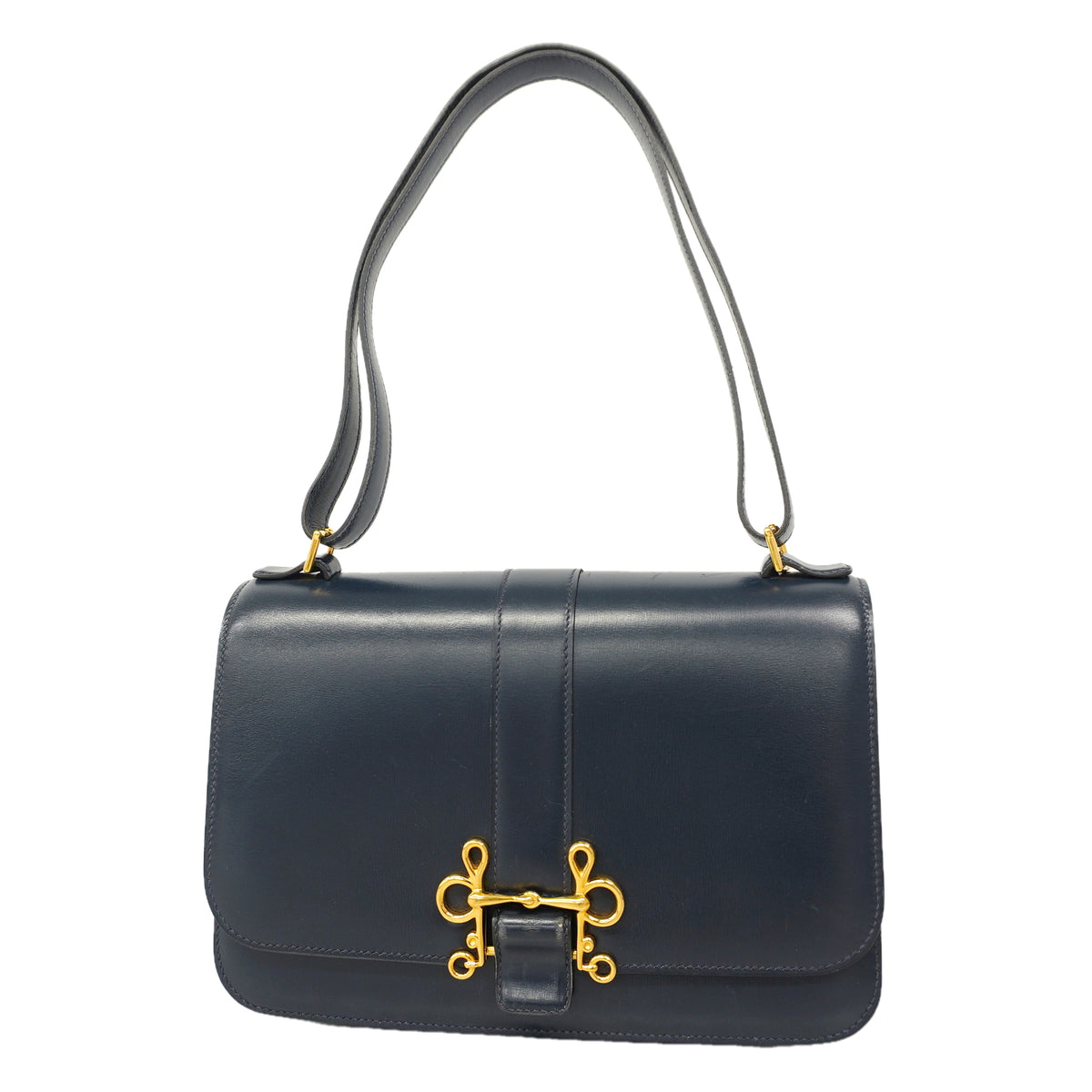 【6kc3089】エルメス ショルダーバッグ ソローニュ ボックスカーフ ネイビー ゴールド金具 ○L刻印【中古】レディース
