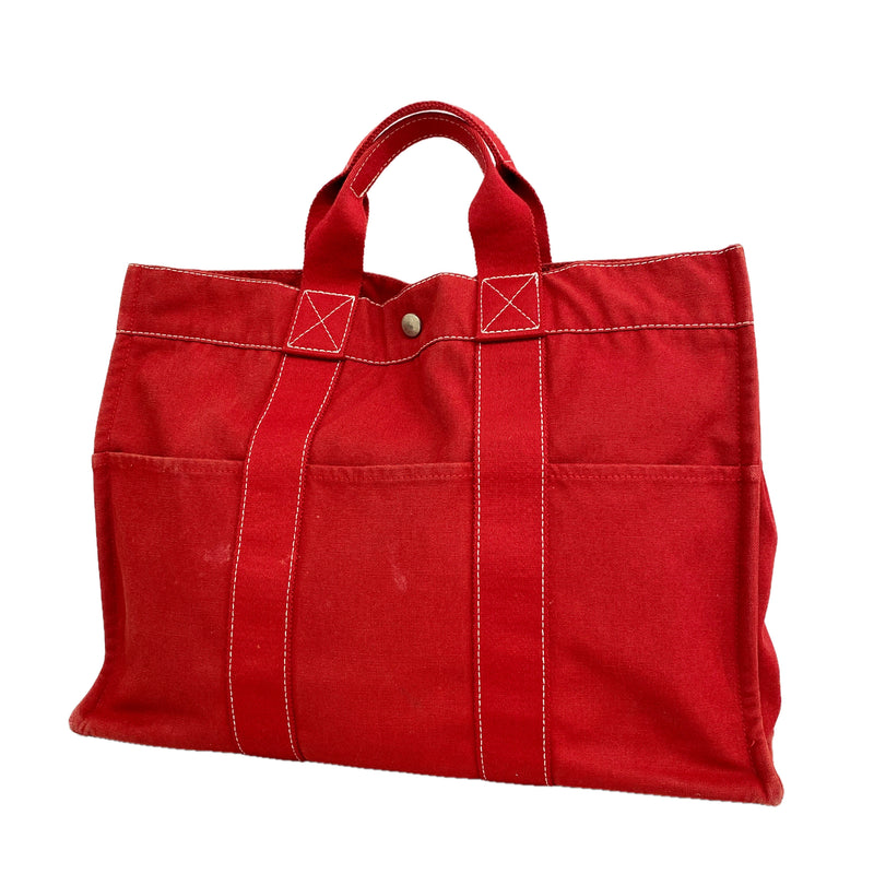 【6kc3123】エルメス トートバッグ ドーヴィルMM キャンバス レッド シルバー金具【中古】メンズ レディース ユニセックス