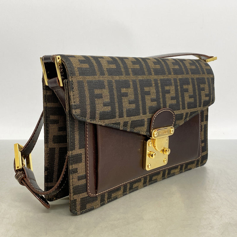 【6kc3125】フェンディ ショルダーバッグ ズッカ ナイロンキャンバス ブラウン ゴールド金具【中古】レディース