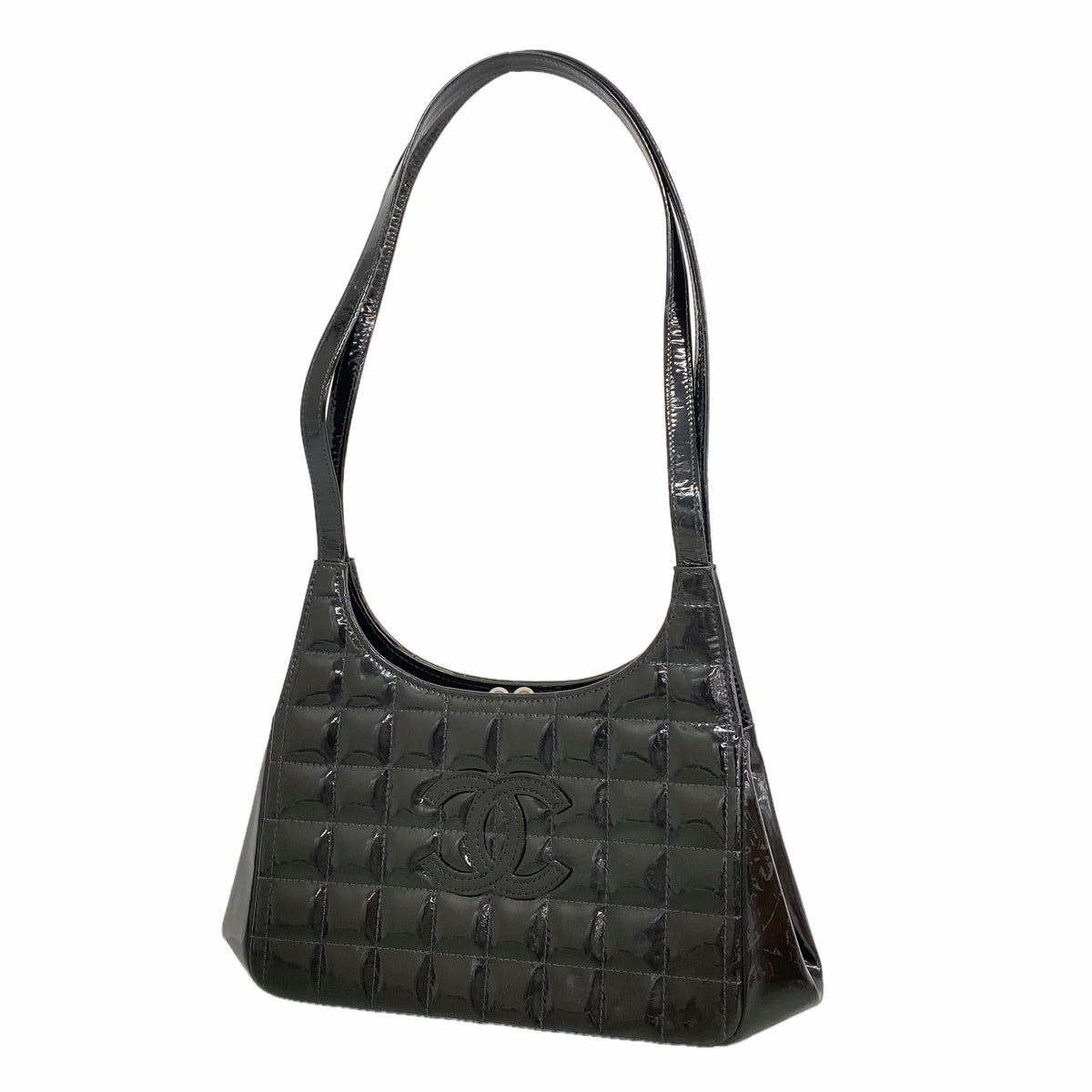 【6kc3193】シャネル ショルダーバッグ チョコバー パテントレザー ブラック シルバー金具【中古】レディース