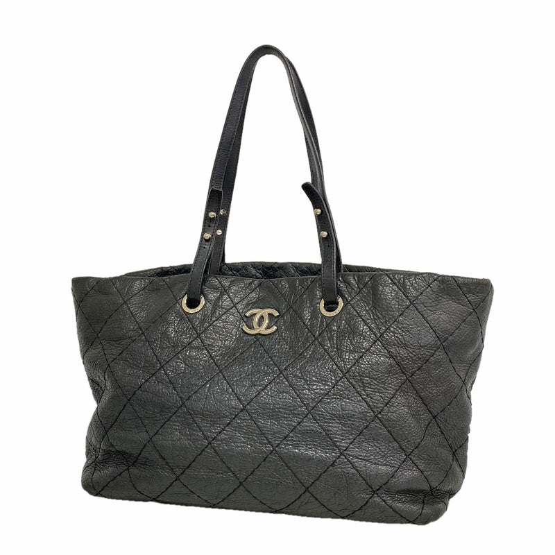 【6kc3213】シャネル トートバッグ オンザロード レザー ブラック シルバー金具【中古】レディース