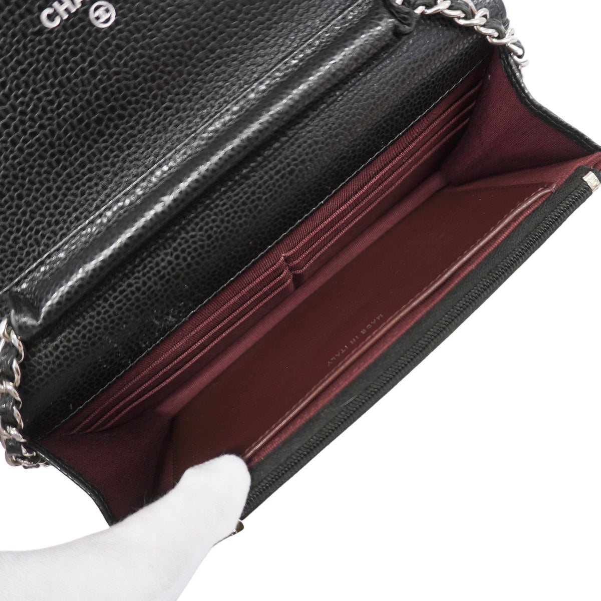 【6kd3351】シャネル ショルダーウォレット マトラッセ チェーンショルダー キャビアスキン ブラック シルバー金具【中古】レディース