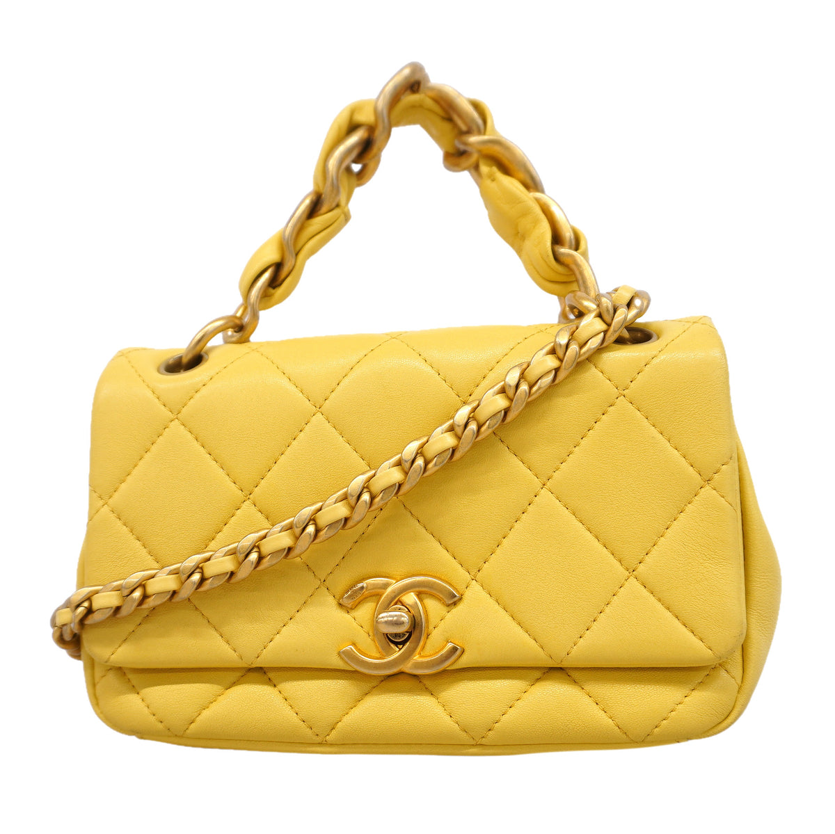 【6kd3377】シャネル ハンドバッグ ミニマトラッセ チェーンショルダー ラムスキン イエロー シャンパンゴールド金具 2wayバッグ【中古】レディース