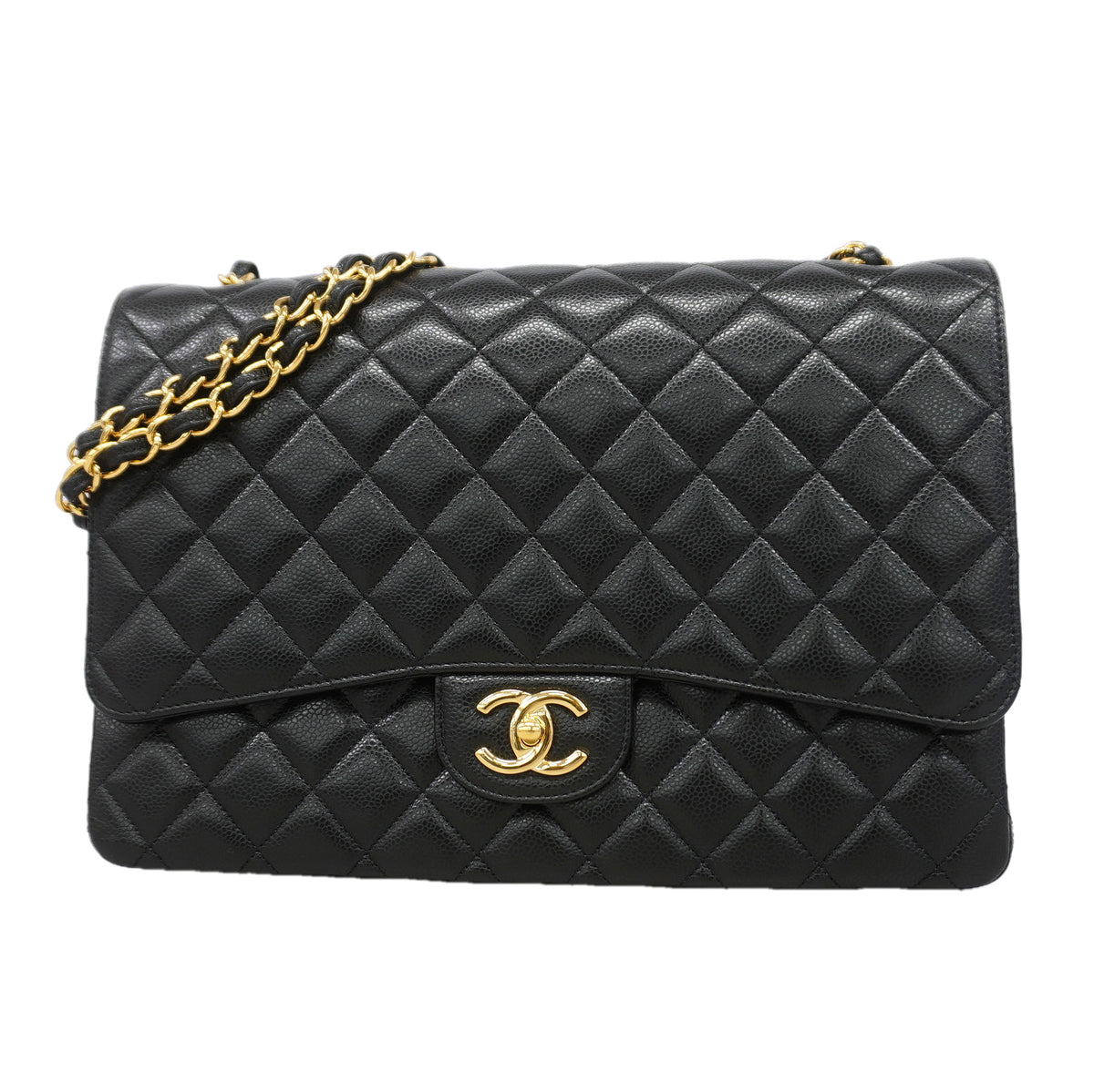 【6kd3389】シャネル ショルダーバッグ デカマトラッセ Wフラップ Wチェーン キャビアスキン ブラック ゴールド金具【中古】レディース