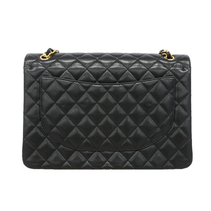 【6kd3389】シャネル ショルダーバッグ デカマトラッセ Wフラップ Wチェーン キャビアスキン ブラック ゴールド金具【中古】レディース
