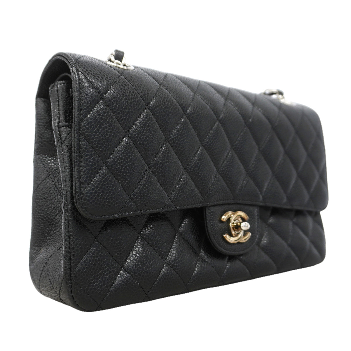 【6kd3390】シャネル ショルダーバッグ マトラッセ Wフラップ Wチェーン キャビアスキン ブラック シルバー金具【中古】レディース