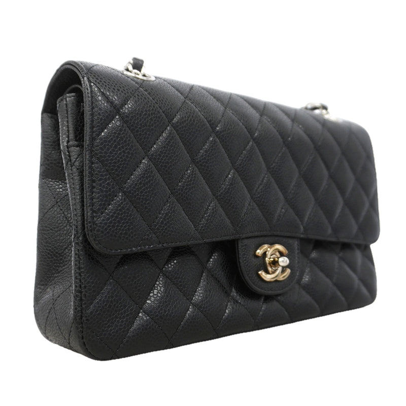 【6kd3390】シャネル ショルダーバッグ マトラッセ Wフラップ Wチェーン キャビアスキン ブラック シルバー金具【中古】レディース