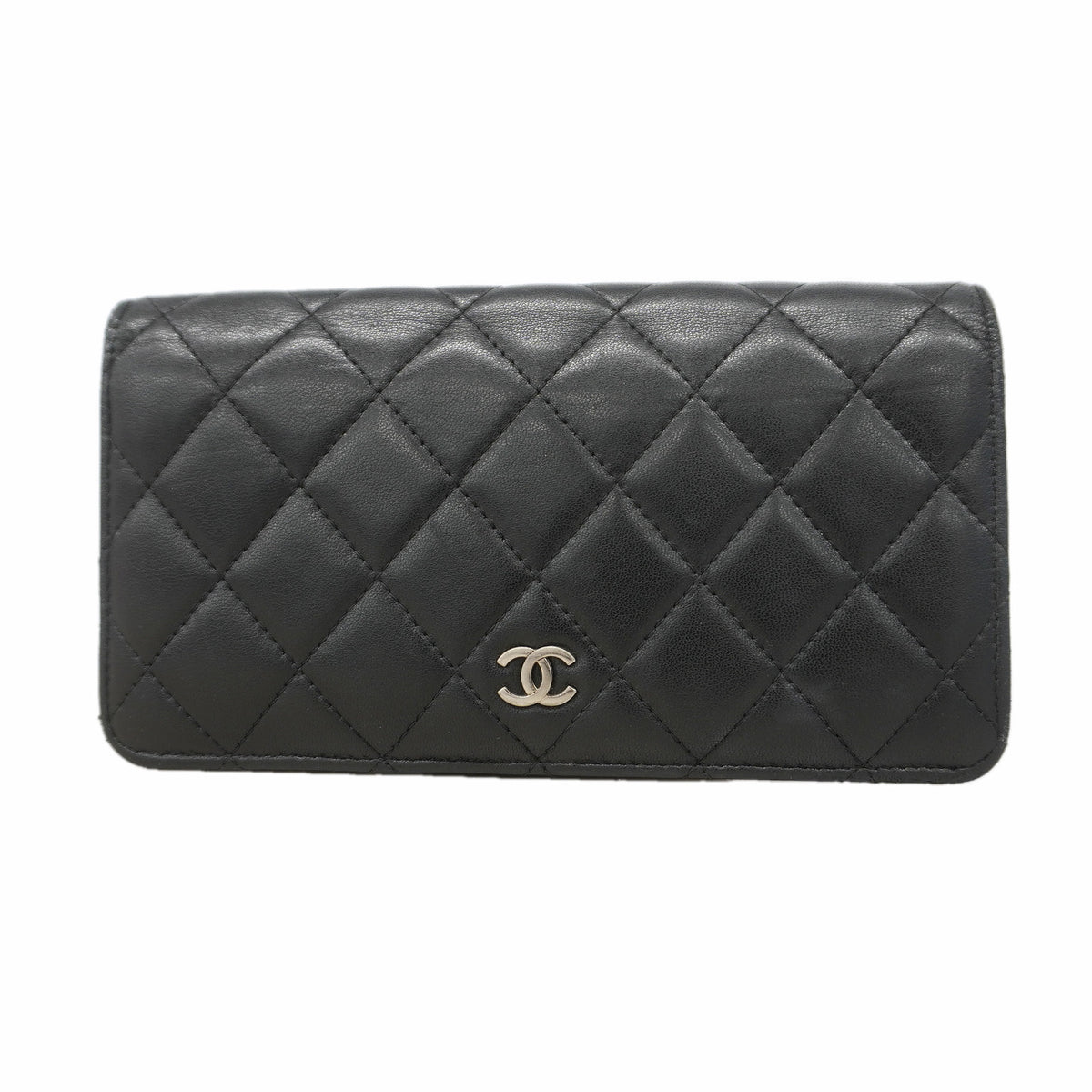 【6kd3490】シャネル 長財布 マトラッセ ラムスキン ブラック シルバー金具【中古】レディース