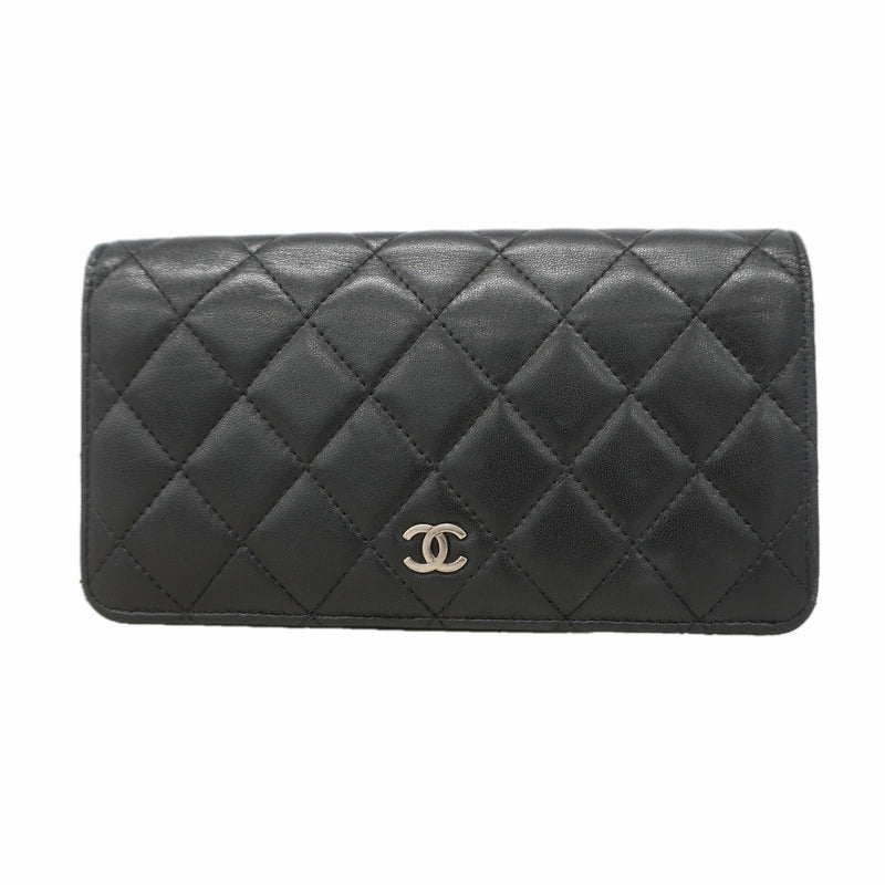 【6kd3490】シャネル 長財布 マトラッセ ラムスキン ブラック シルバー金具【中古】レディース