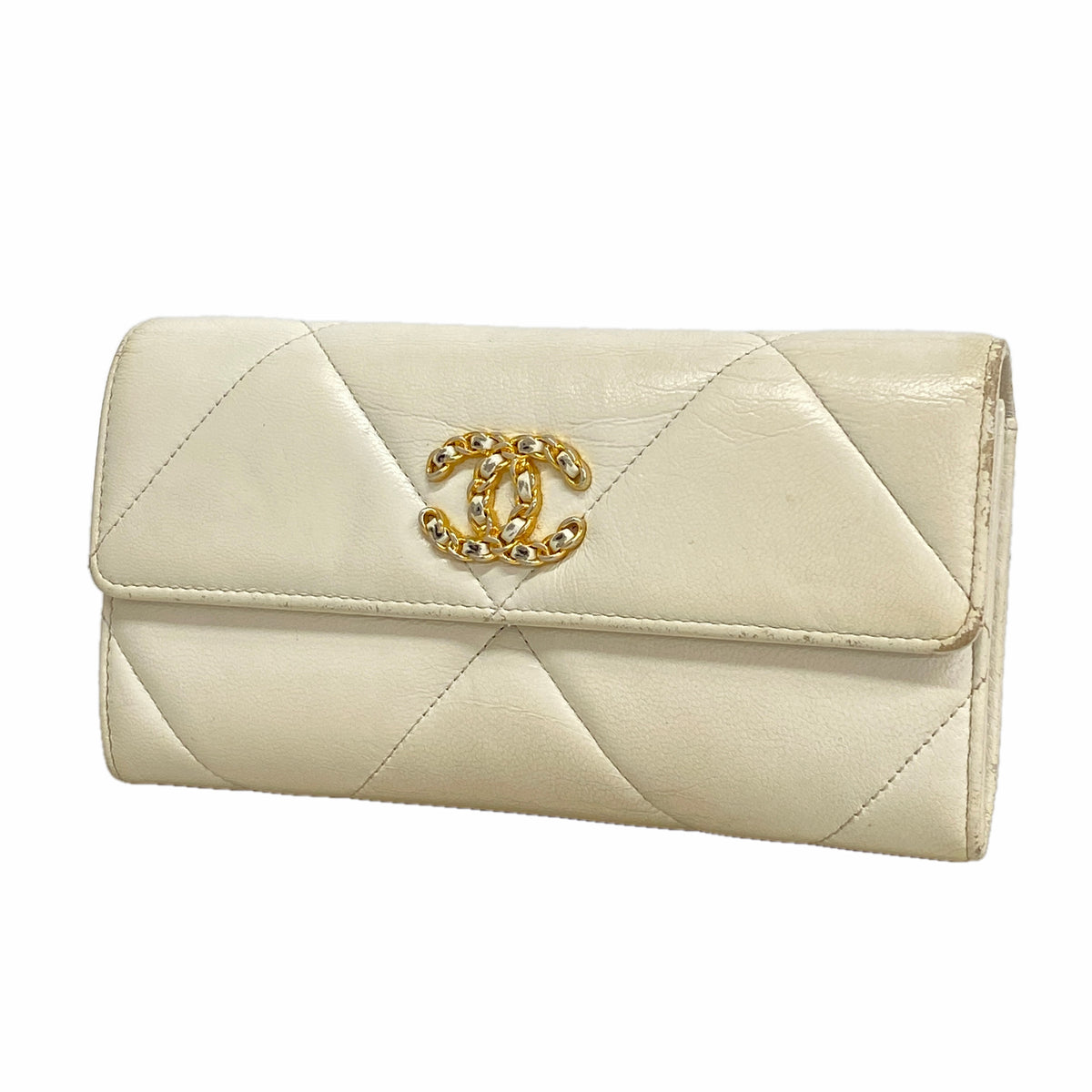 【6kd3505】シャネル 長財布 シャネル19 ラムスキン ホワイト ゴールド金具【中古】レディース