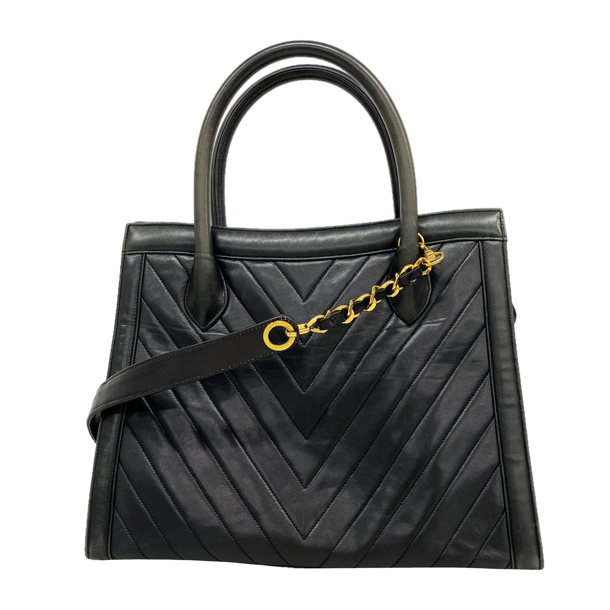 【6kd3554】シャネル ハンドバッグ Vステッチ レザー ブラック ゴールド金具 2wayバッグ【中古】レディース