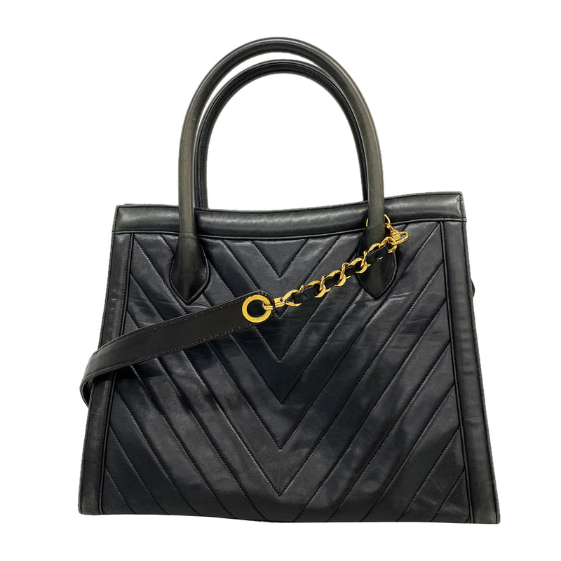 【6kd3554】シャネル ハンドバッグ Vステッチ レザー ブラック ゴールド金具 2wayバッグ【中古】レディース