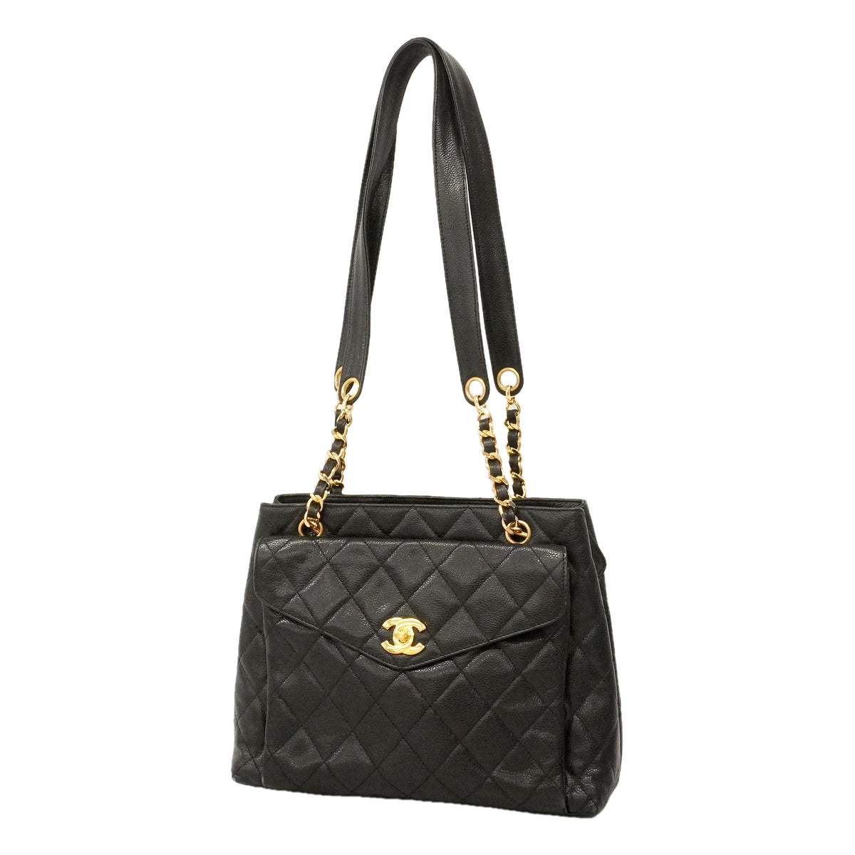 【6kd3558】シャネル チェーントート マトラッセ キャビアスキン ブラック ゴールド金具【中古】レディース