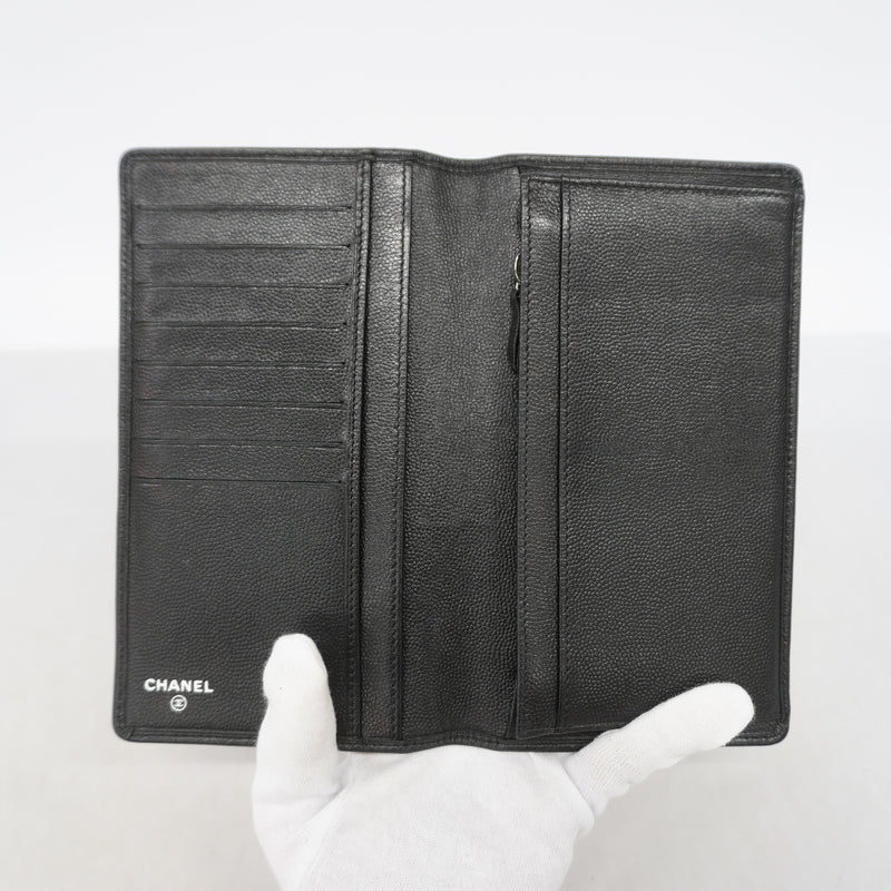 【6kd3567】シャネル 長財布 キャビアスキン ブラック シルバー金具【中古】レディース