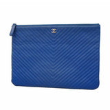 【6kd3643】シャネル クラッチバッグ Vステッチ キャビアスキン ブルー シルバー金具【中古】レディース