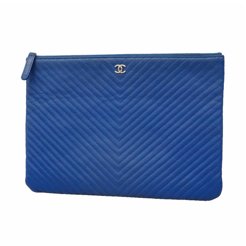 【6kd3643】シャネル クラッチバッグ Vステッチ キャビアスキン ブルー シルバー金具【中古】レディース