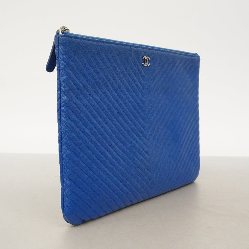 【6kd3643】シャネル クラッチバッグ Vステッチ キャビアスキン ブルー シルバー金具【中古】レディース