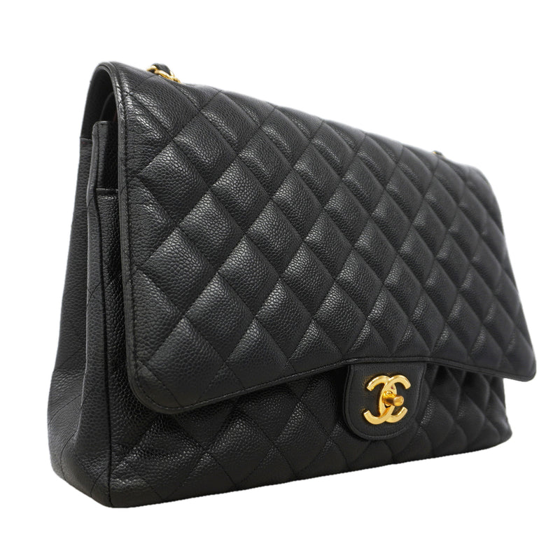 【6kd3864】シャネル ショルダーバッグ デカマトラッセ Wフラップ Wチェーン キャビアスキン ブラック ゴールド金具【中古】レディース