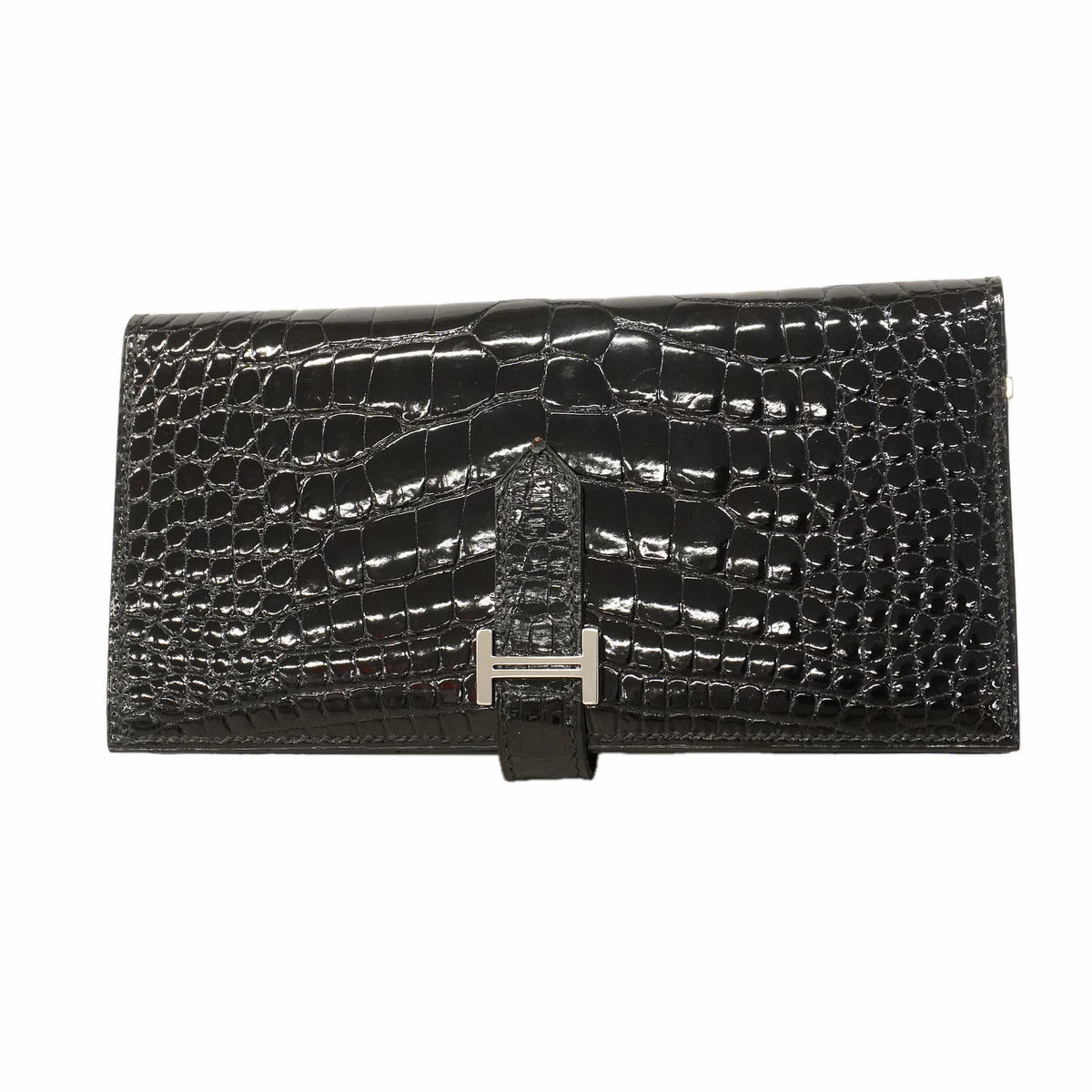 【6kd3881】エルメス 長財布 ベアンスフレ アリゲーター ブラック シルバー金具 □J刻印【中古】メンズ レディース ユニセックス