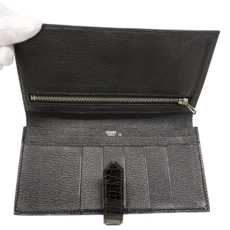 【6kd3881】エルメス 長財布 ベアンスフレ アリゲーター ブラック シルバー金具 □J刻印【中古】メンズ レディース ユニセックス
