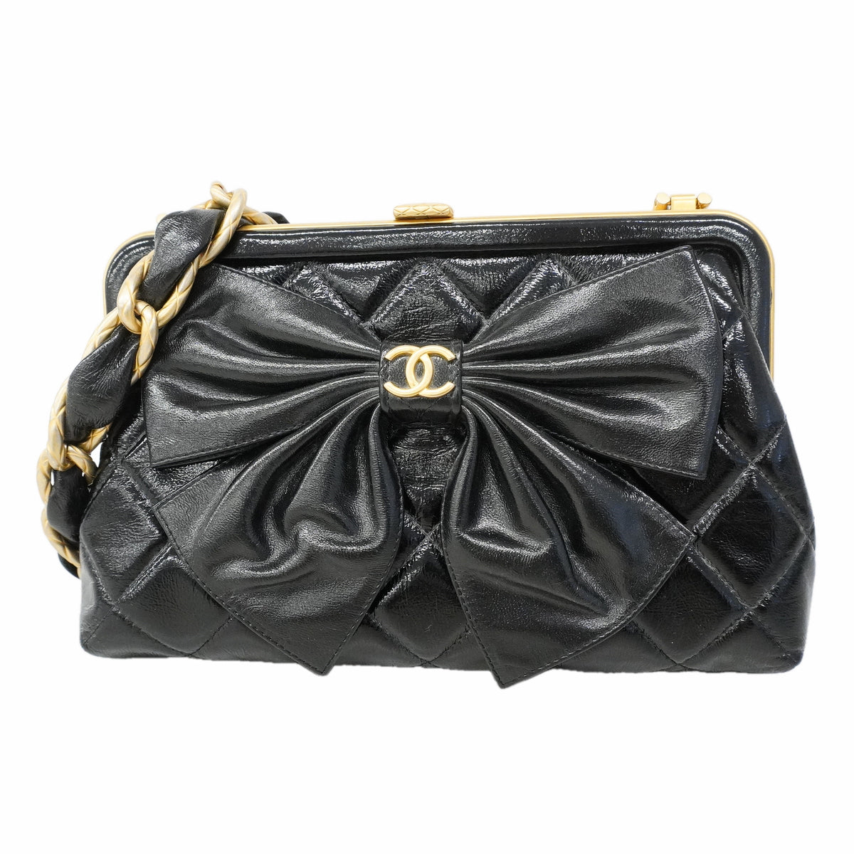 【6kd3887】シャネル ショルダーバッグ マトラッセ チェーンショルダー パテントレザー ブラック ゴールド金具【中古】レディース