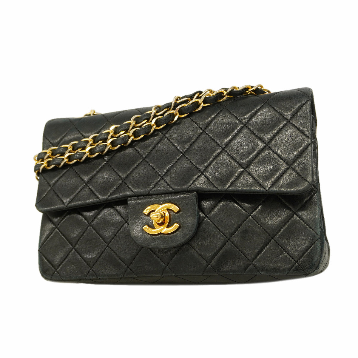 【6kd3961】シャネル ショルダーバッグ マトラッセ Wフラップ Wチェーン ラムスキン ブラック ゴールド金具【中古】レディース