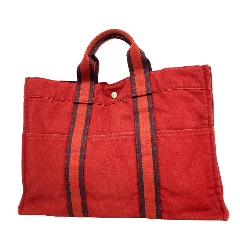 【6kd4039】エルメス トートバッグ フールトゥMM キャンバス レッド シルバー金具【中古】レディース
