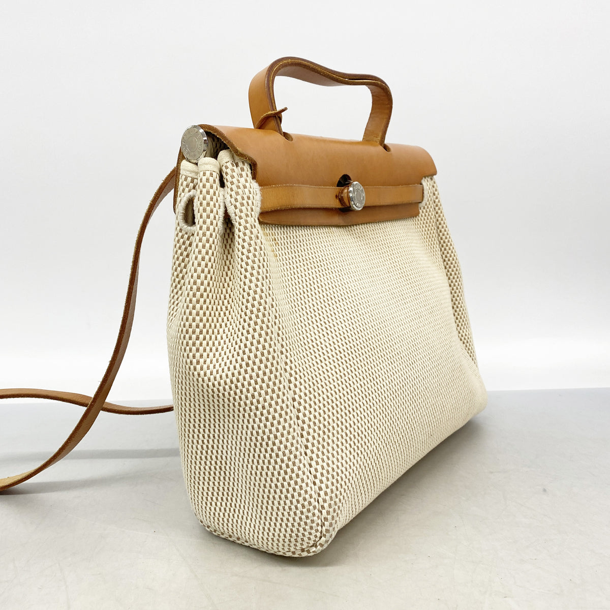 【6kd4188-e】エルメス ハンドバッグ エールバッグPM トワルGM ナチュラル シルバー金具 □F刻印 2wayバッグ【中古】レディース